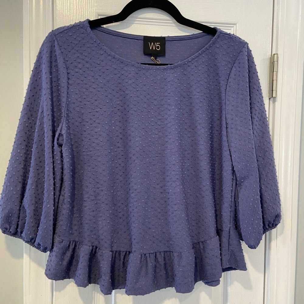 NWT W5 Size S Blue Periwinkle Swiss Dot 3/4 Sleeve Peplum Blouse Pullover